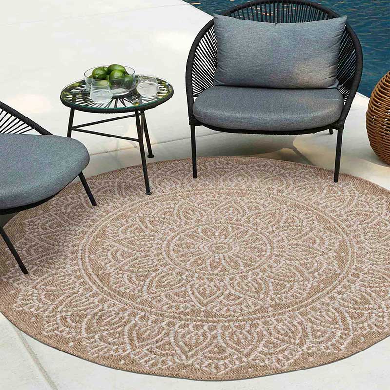 Abaseen Harper Floral Circle Rugs- 120cm Indoor / Outdoor Cream Main