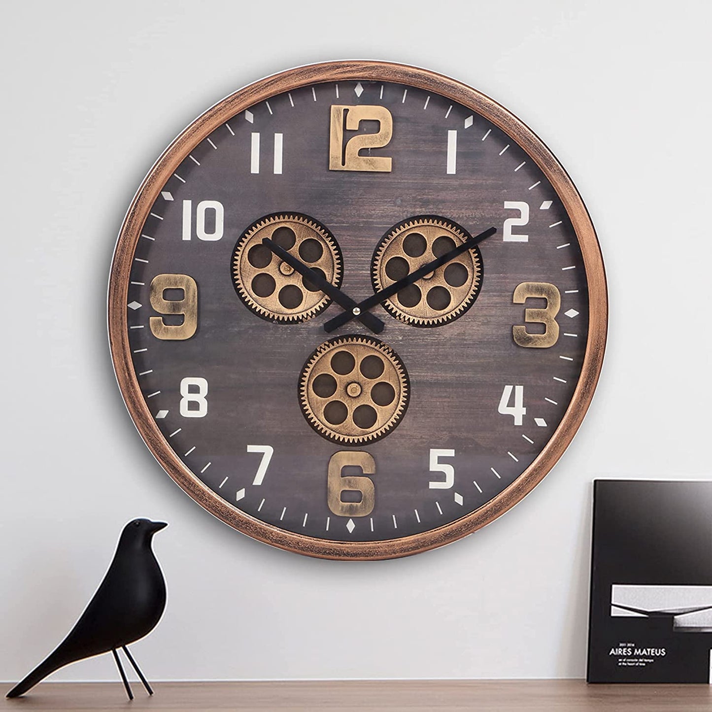 Glovelsupplies Large Modern Decorative Wall Clocks, ( Rustic Gold Moving Gear Clock ) ( 46 CM Round )