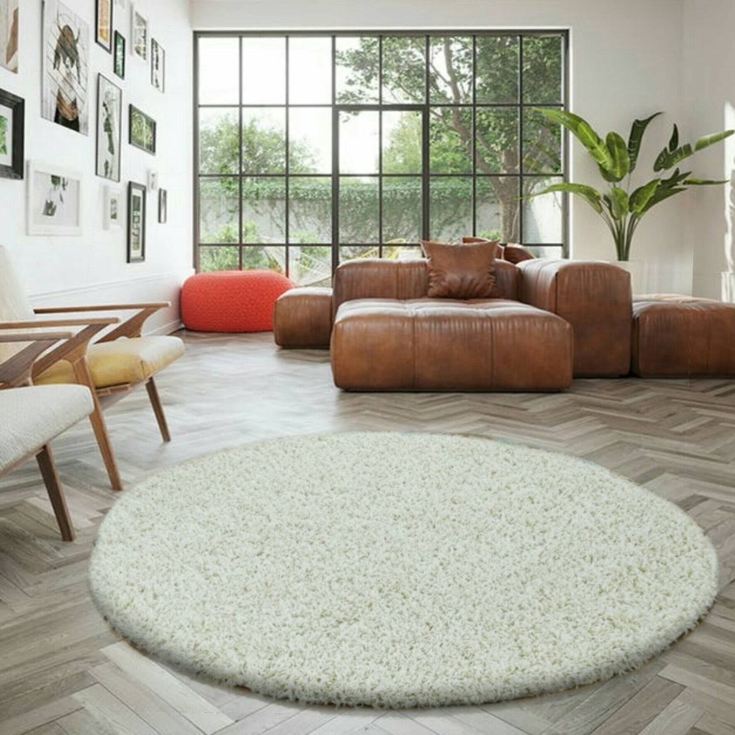 Abaseen Fluffy Cream Round Rugs - 120